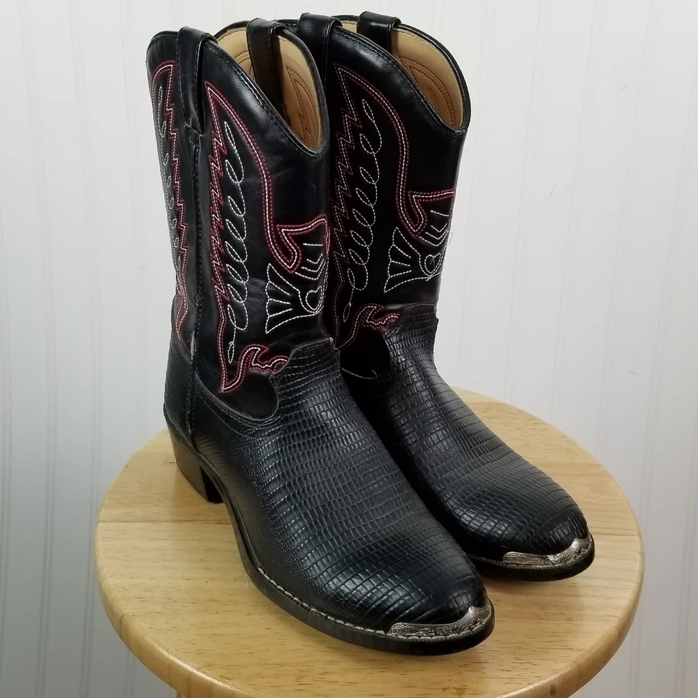 Durango Cowboy Boots Kids Size 5.5 D Lizard Print Black Western Festival Stitch